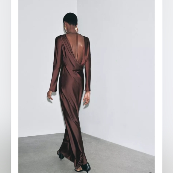 Zara Dresses & Skirts - Zara Satin Long Sleeve Backless Gown in Brown